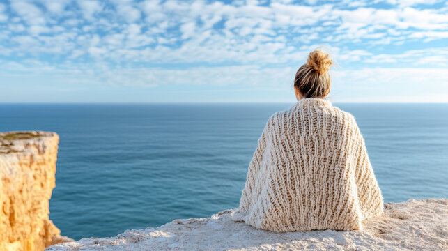 Person wrapped in cozy knit blanket sits on scenic clifftop, gazing at vast ocean under partly cloudy sky, evoking sense of tranquility and reflection - Powered by Adobe