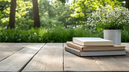 Fototapeta premium Serene outdoor study table under shade trees with books and vase of flowers, creating peaceful atmosphere