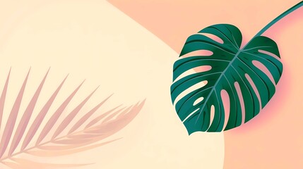 Fototapeta premium Monstera adansonii, tropical leaf, vector leaf, green foliage, botanical illustration, tropical background, right side composition, minimal design, flat vector, eco design, tropical plant