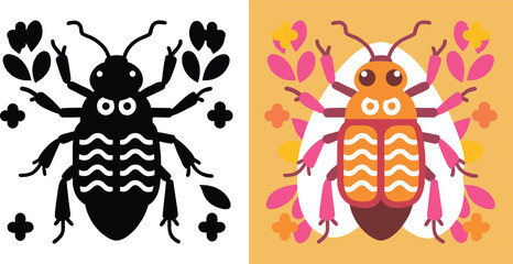 Vibrant dual design featuring a stylized beetle with floral elements, perfect for nature-themed designs and colorful, eye-catching graphics for children's products