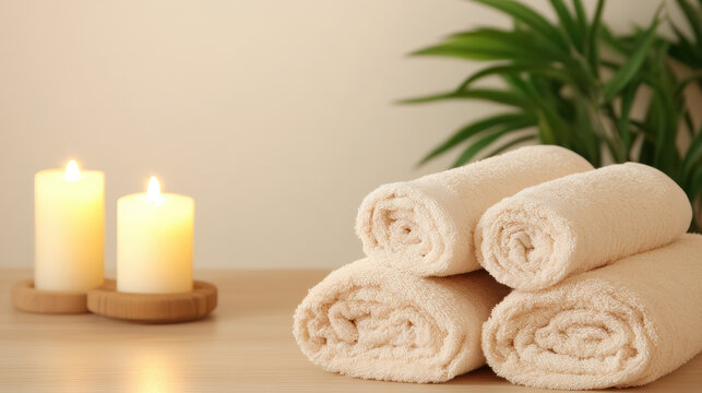 Serene spa room with soft towels and glowing candles creates calming atmosphere