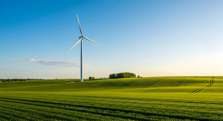 Renewable Wind Energy Turbine on Hilltop Against Blue Sky