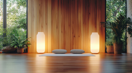Serene meditation space with low lighting features wooden floor, two cushions, and soft glowing lamps, surrounded by lush green plants and large windows