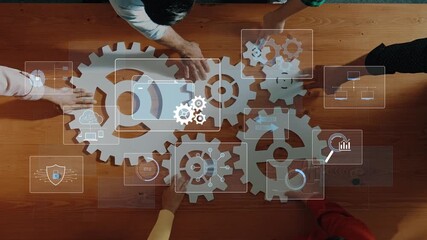 A diverse team collaborates on an innovative business strategy using gears and data visualization elements, set in a modern office environment, fostering creativity and productivity. Raster - Powered by Adobe