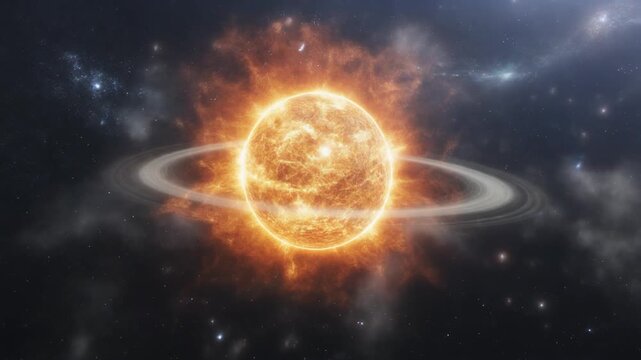 Digital illustration of a powerful burning star with a planetary ring system set against a cosmic nebula and starfield in deep outer space