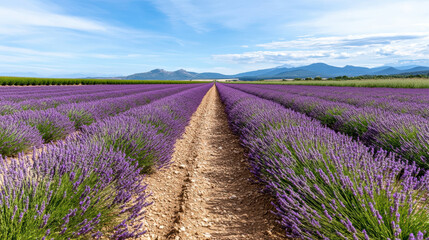 Obraz premium Lavender fields in full bloom stretch towards distant mountains under clear blue sky, creating serene and picturesque landscape