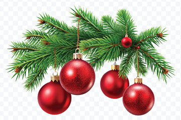 red decoration balls hanging from christmas tree branch isolated on transparent background 