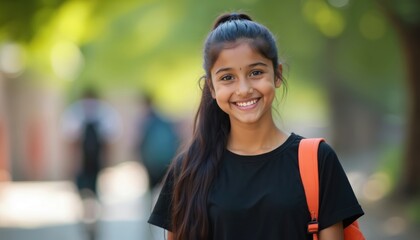 Indian teen schoolgirl smiles, looks at camera. Girl wears black shirt, long ponytail. Student carrying orange backpack on campus. Blurred school backdrop shows academic activity. Cheerful pupil.