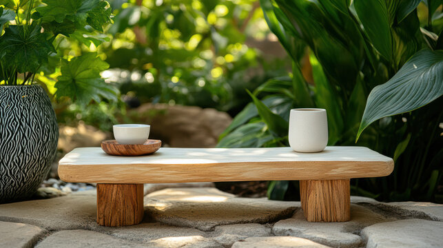 Serene morning in garden with meditation bench and tea cups, surrounded by lush greenery and natural stone. peaceful setting invites relaxation and mindfulness