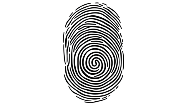 Detailed fingerprint pattern showing unique biometric texture and identity lines, personal security and forensic element, isolated on white background