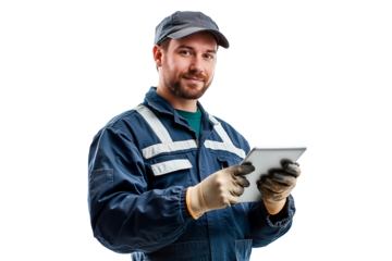 Professional technician in uniform and gloves, holding a tablet and smiling, isolated on transparent background