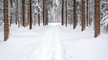 Snowy forest path lined with tall trees creates serene winter scene, with fresh snow covering ground and muffled sounds enhancing tranquility
