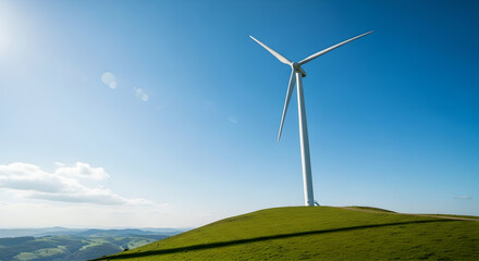 Renewable Wind Energy Turbine on Hilltop Against Blue Sky