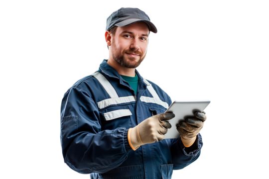 Professional technician in uniform and gloves, holding a tablet and smiling, isolated on transparent background