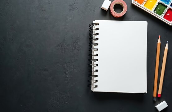 Blank spiral notebook lies on dark slate surface next to art supplies. Watercolor palette pencils eraser and tape invite creativity. Space for text draw design. Top view.
