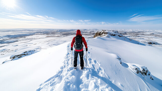 Person in red jacket stands on snowy hilltop, gazing at vast, sunlit landscape under clear blue sky, evoking sense of awe and adventure