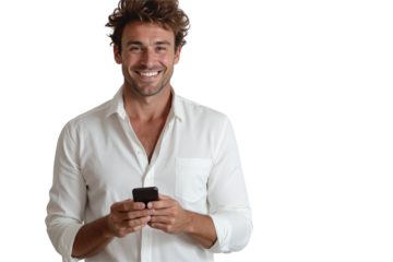Happy young man holding a smartphone and smiling, Ideal for technology, social media, and positive lifestyle content