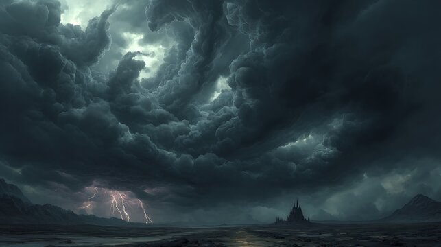 A gothic depiction of ominous storm clouds swirling above a desolate landscape, with faint lightning illuminating the darkness.