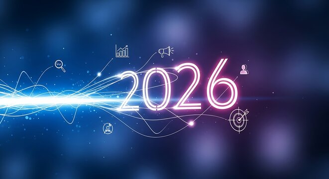 Year twenty twenty six with digital icons and abstract light trails