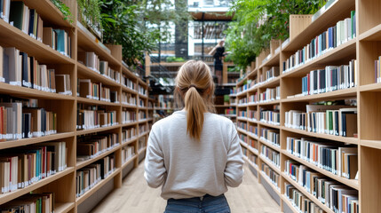Person with ponytail walks through library aisle lined with bookshelves, surrounded by greenery and natural light, creating serene atmosphere