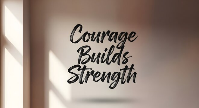 Inspirational quote wall art with the phrase 'Courage Builds Strength' displayed in stylish black script on a light-colored wall with natural sunlight illuminating the space