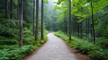 Obraz premium Serene forest path winds through lush greenery and tall trees, enveloped in gentle fog, creating tranquil and mysterious atmosphere