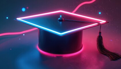 Abstract graduation cap illustration features neon lights. Bright colors celebrate education achievement. Digital design shows modern tech, future concept. Artistic graphic for university or school.