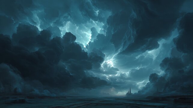 A gothic depiction of ominous storm clouds swirling above a desolate landscape, with faint lightning illuminating the darkness. - Powered by Adobe