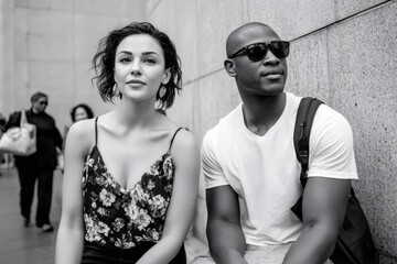 Diverse couple relaxing outdoor in black and white