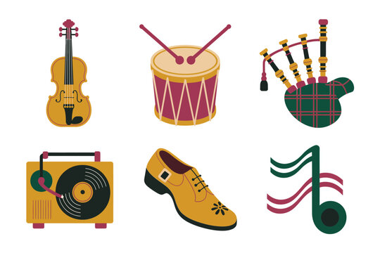 Flat vector icons for folk music and dance, featuring violin, drum, bagpipes, shoes, record player, and musical notes,