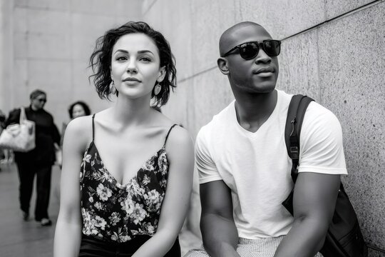 Diverse couple relaxing outdoor in black and white