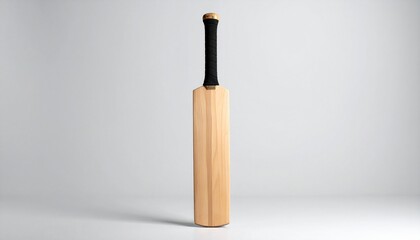 Single upright cricket bat with black grip on light gray background