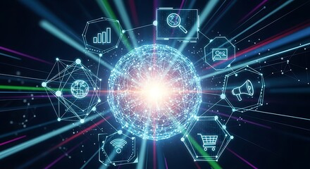Digital sphere with marketing icons and colorful light streaks glow