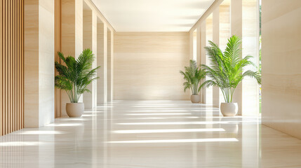 Sun drenched hallway with clean architecture features potted plants casting shadows on polished floor, creating serene and inviting atmosphere