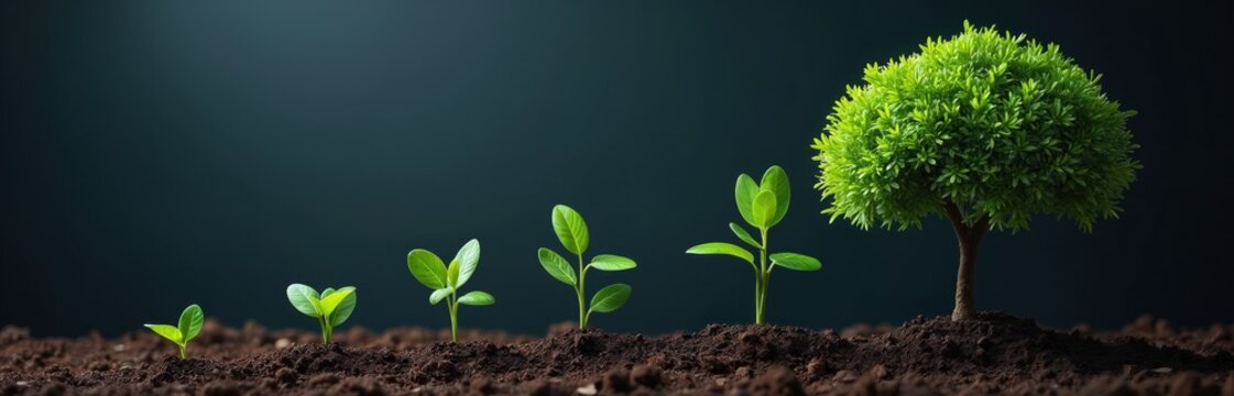 Small seedlings grow into large tree over time. Concept shows investment success profit growth and future prosperity. Stages of plant development from sprout to mature flora.