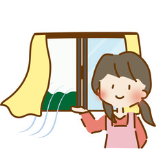 窓を開けて換気をする女性保育士