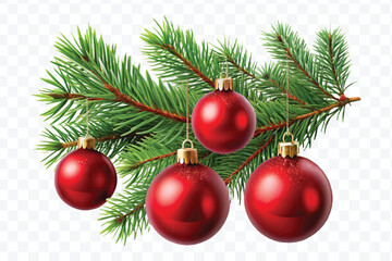 red decoration balls hanging from christmas tree branch isolated on transparent background 
