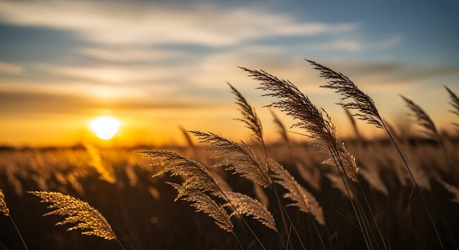 Ethereal Golden Reeds at Dusk Landscape