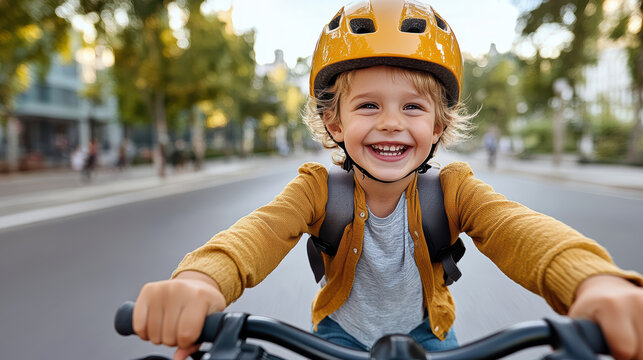 Joyful child wearing helmet rides bicycle on sunny day, surrounded by trees and buildings. scene captures excitement and freedom of outdoor play
