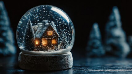 Cozy illuminated log cabin nestled inside a crystal snow globe surrounded by frosted pine trees on a dark background