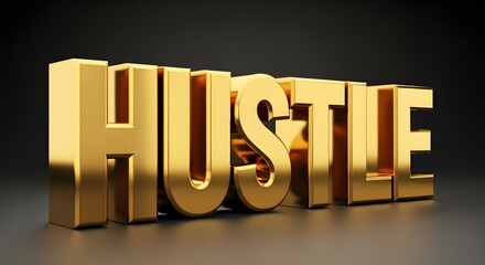 A bold, three-dimensional golden word 'HUSTLE' displayed against a dark background, symbolizing motivation, hard work, and determination in a modern style