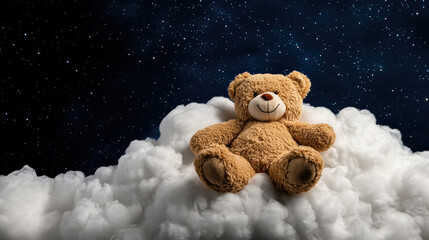 Teddy bear lies on fluffy cloud under starry night sky, evoking sense of calm and wonder