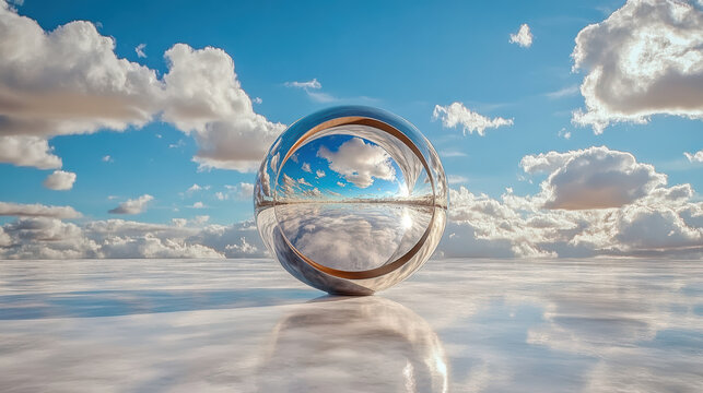 Surreal orb reflects vast sky with fluffy clouds, creating abstract and dreamlike scene on reflective surface. high fidelity image evokes sense of wonder
