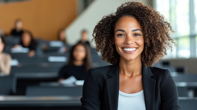 Smiling teacher in classroom setting with students in background, conveying positive and encouraging atmosphere
