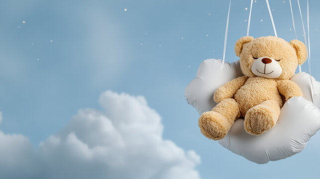 Teddy bear dozing inside floating lullaby balloon, surrounded by serene sky with fluffy clouds and twinkling stars, creating dreamy atmosphere