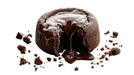 Delicious chocolate lava cake with melted center, rich dessert pastry with flowing chocolate filling, isolated on white background