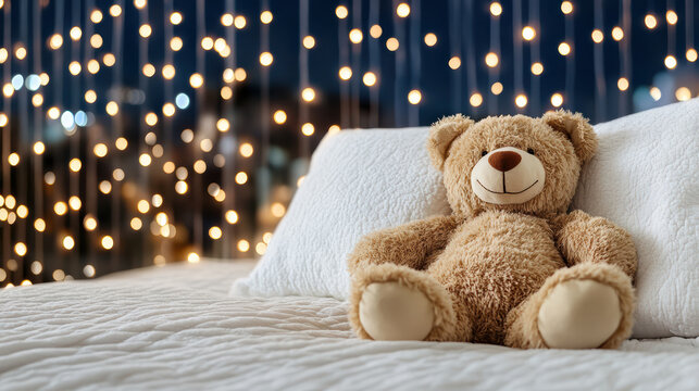 Teddy bear sits on cozy bed with backdrop of twinkling lights, creating warm and comforting atmosphere