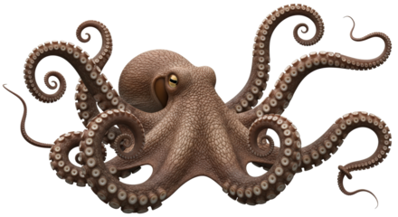 Detailed Octopus With Brown Skin And Eight Tentacles Spread Wide Isolated On Transparent Background	