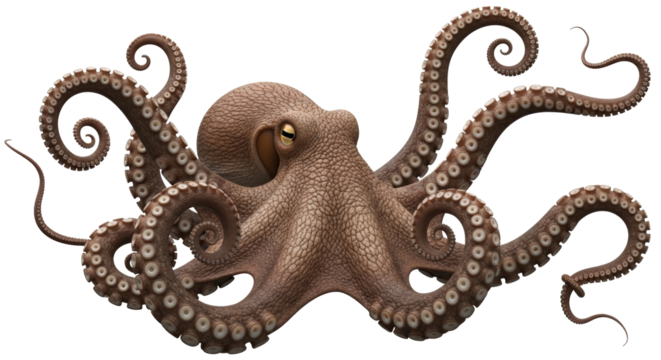 Detailed Octopus With Brown Skin And Eight Tentacles Spread Wide Isolated On Transparent Background	
