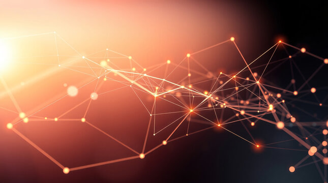 Complex Abstract Digital Network Visualization with Interconnected Glowing Nodes and Lines Against a Gradient of Warm Light and Dark Tones, Representing Big Data, AI, and Global Communication